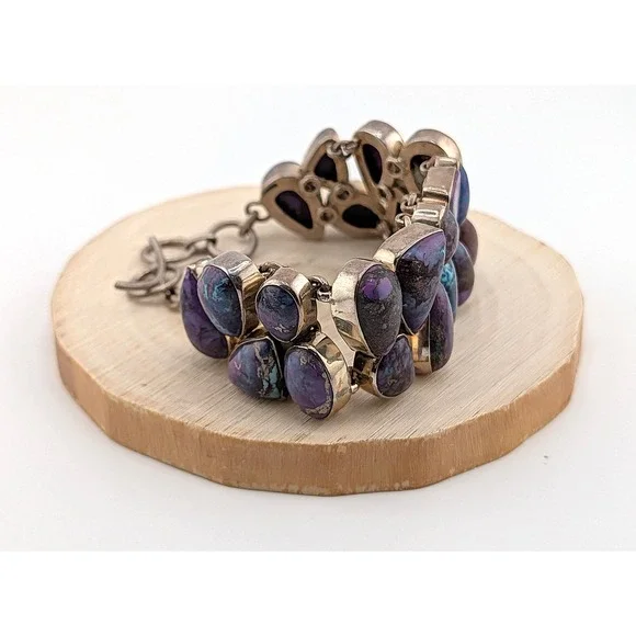 Vintage Bracelet Heavy Silver Statement Jewelry Art Deco Purp Turq sz ADJ *** - Picture 6 of 12